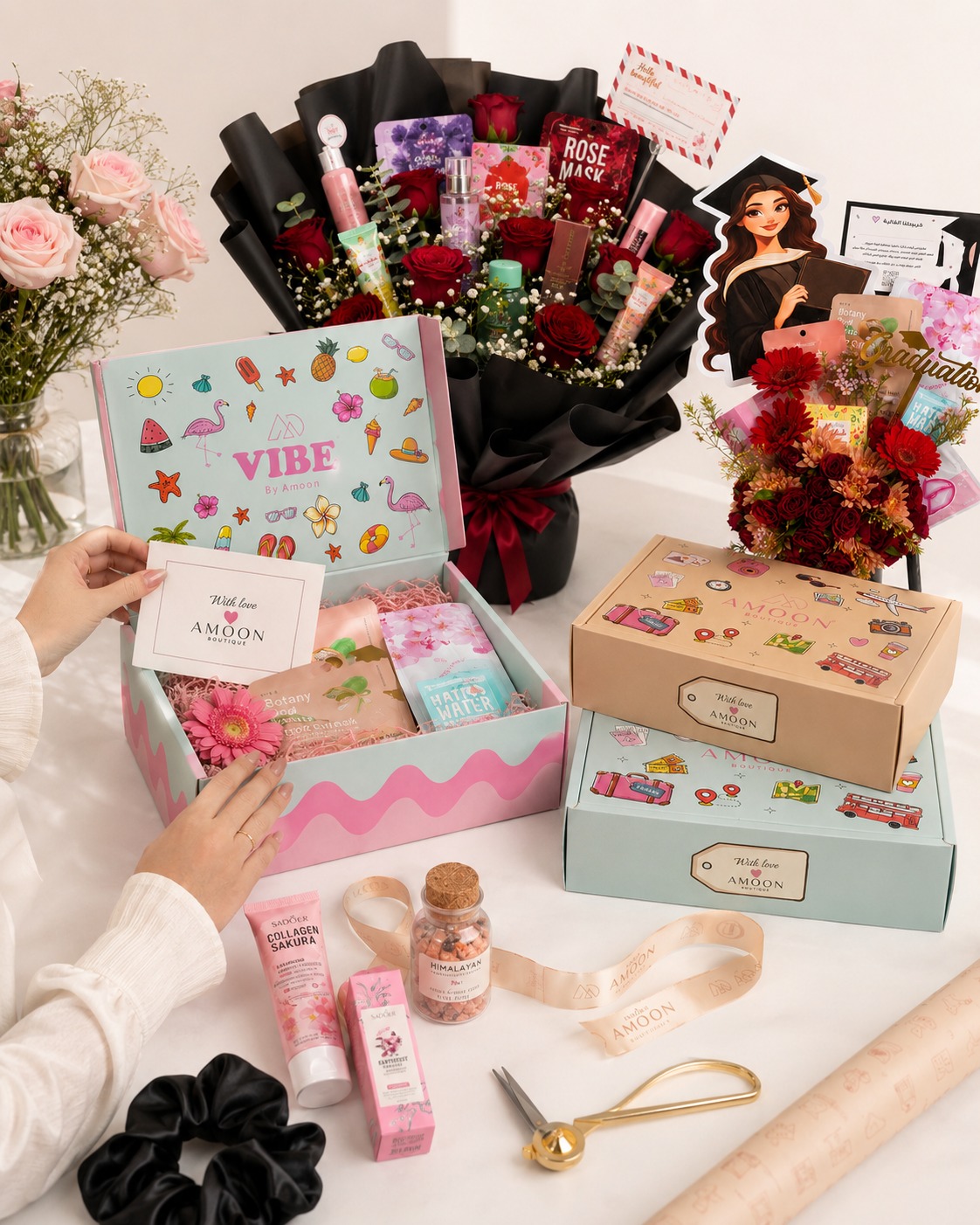 Elegant gift wrapping with ribbon and flowers