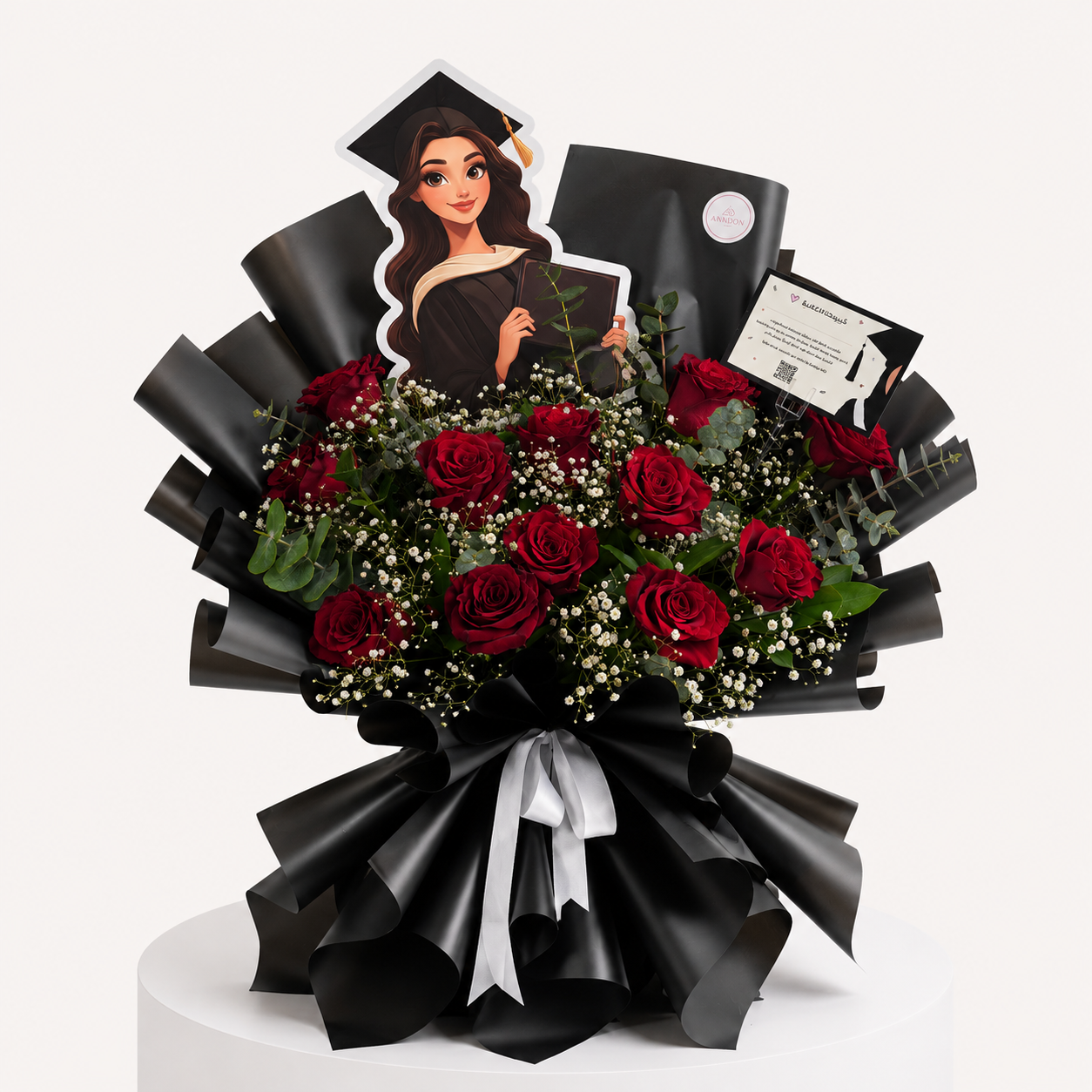Red Rose Graduation Bouquet – Black Wrap - Image 2