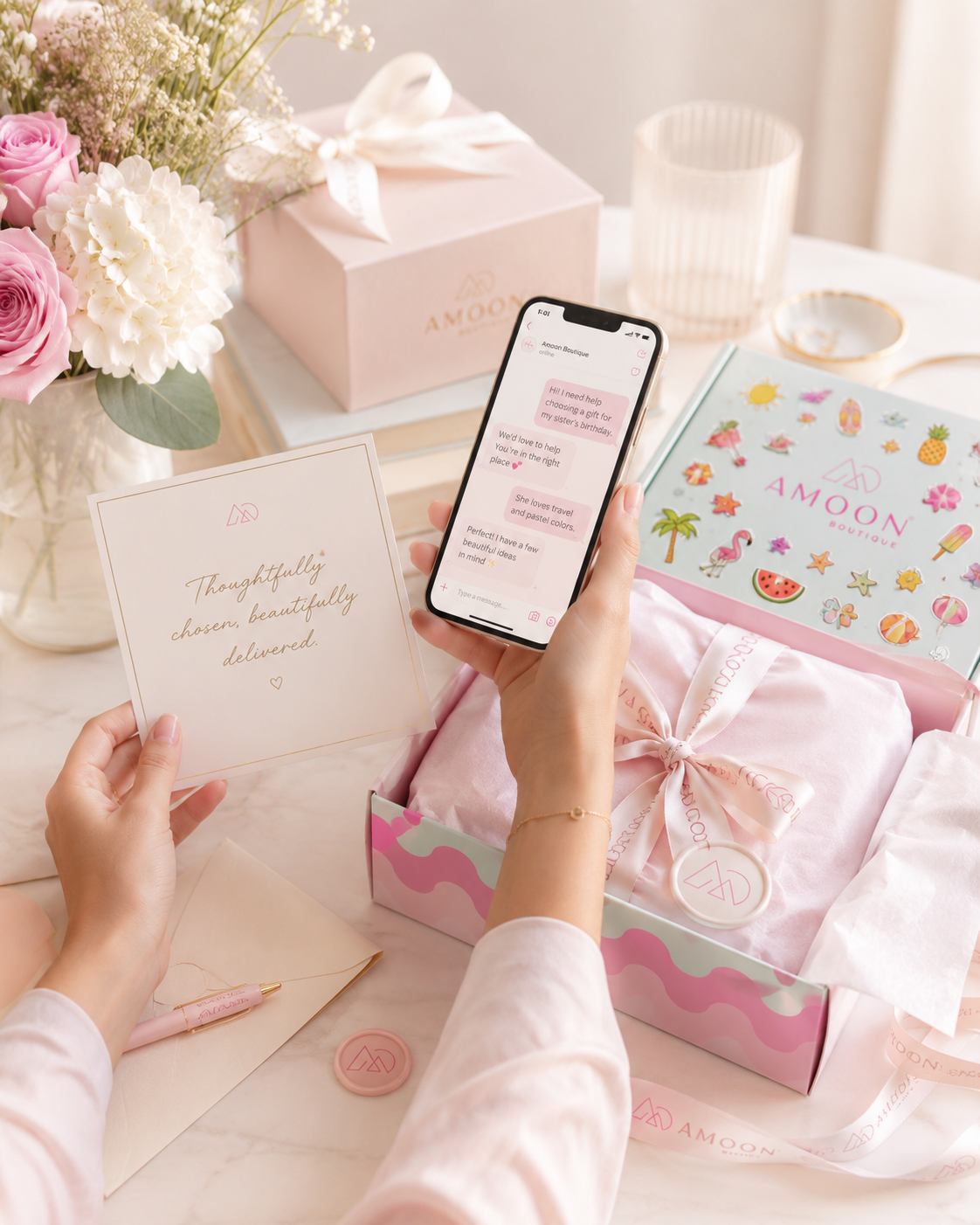 Boutique stationery, flowers, and gift wrapping on a table